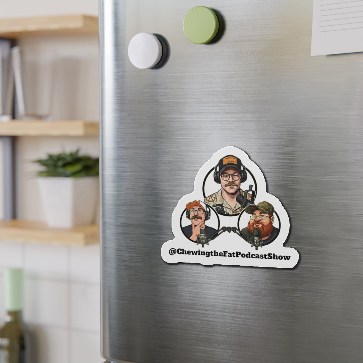 Chewing the Fat Podcast Die-Cut Magnet – Trio Host Logo Fridge Magnet