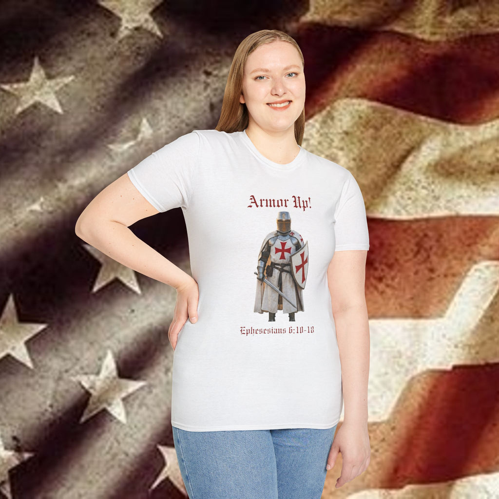 Armor Up! T-Shirt — Crusader Knight with ‘Ephesians 6:10-18’ Christian Faith Tee