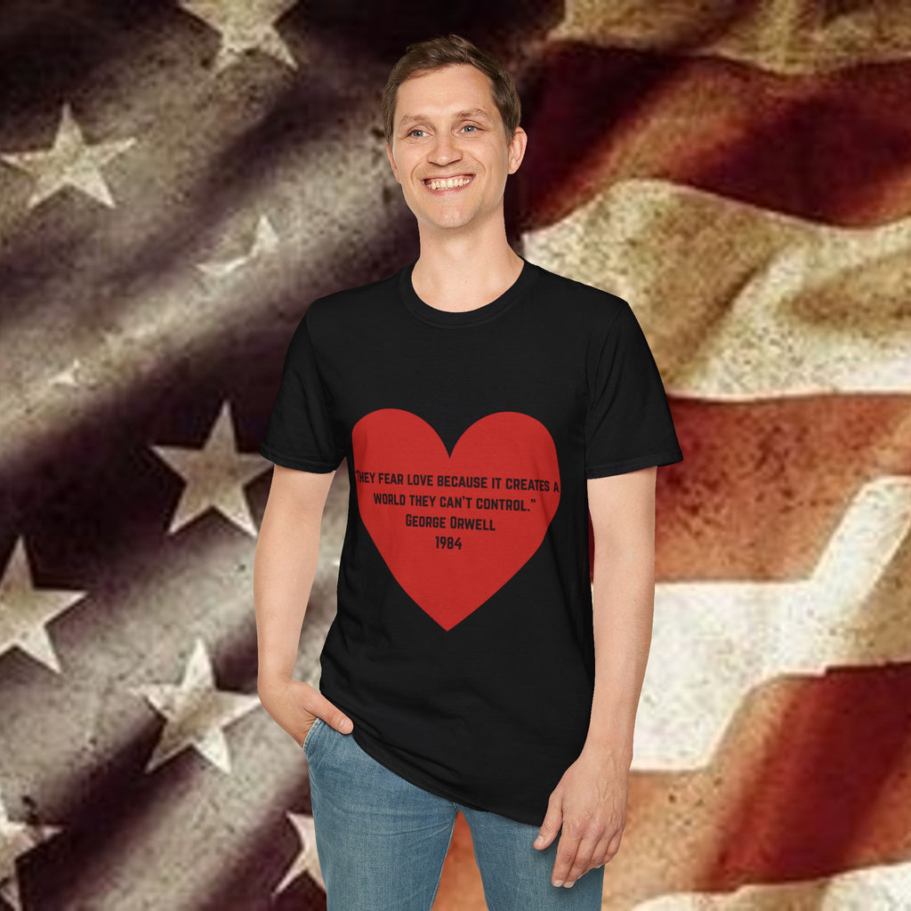 Podcast QR T‑Shirt — Red Heart Quote "They Fear Love"
