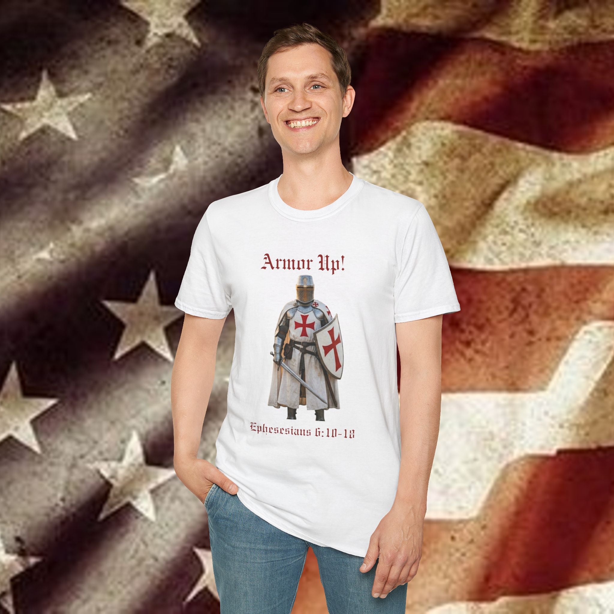 Armor Up! T-Shirt — Crusader Knight with ‘Ephesians 6:10-18’ Christian Faith Tee