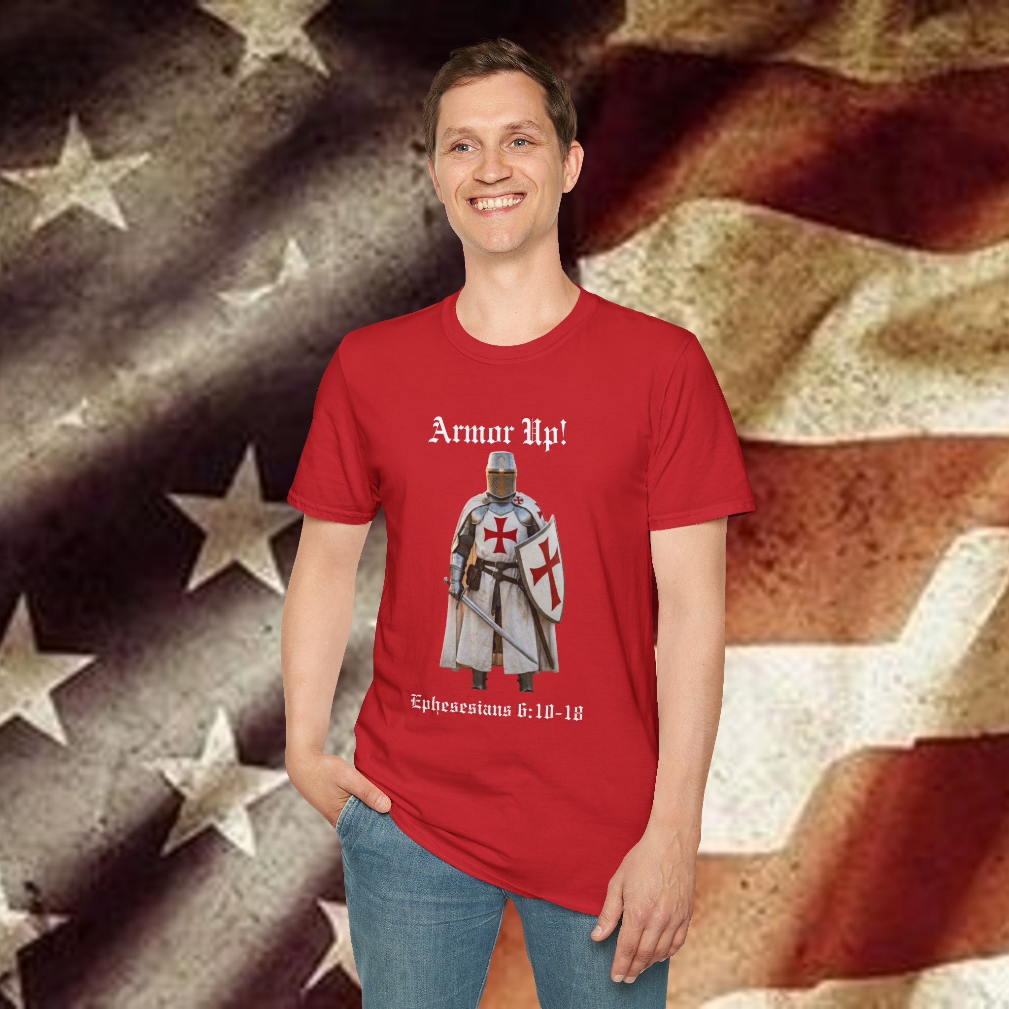 Armor Up! T-Shirt — Crusader Knight with ‘Ephesians 6:10-18’ Christian Faith Tee