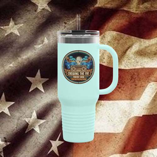 40oz Insulated Travel Mug — 'Chewing the Fat' Retro Radio Logo, Heavy-Duty Stainless Steel Tumbler