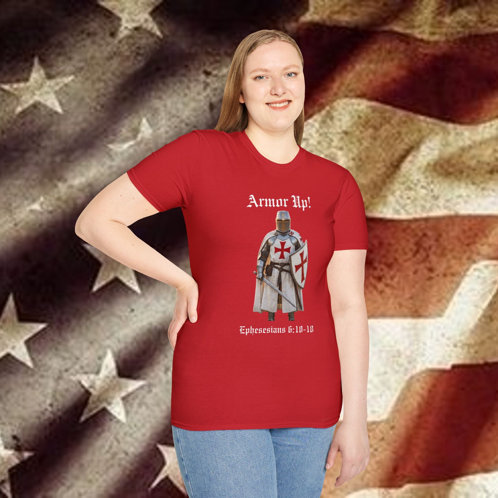 Armor Up! T-Shirt — Crusader Knight with ‘Ephesians 6:10-18’ Christian Faith Tee