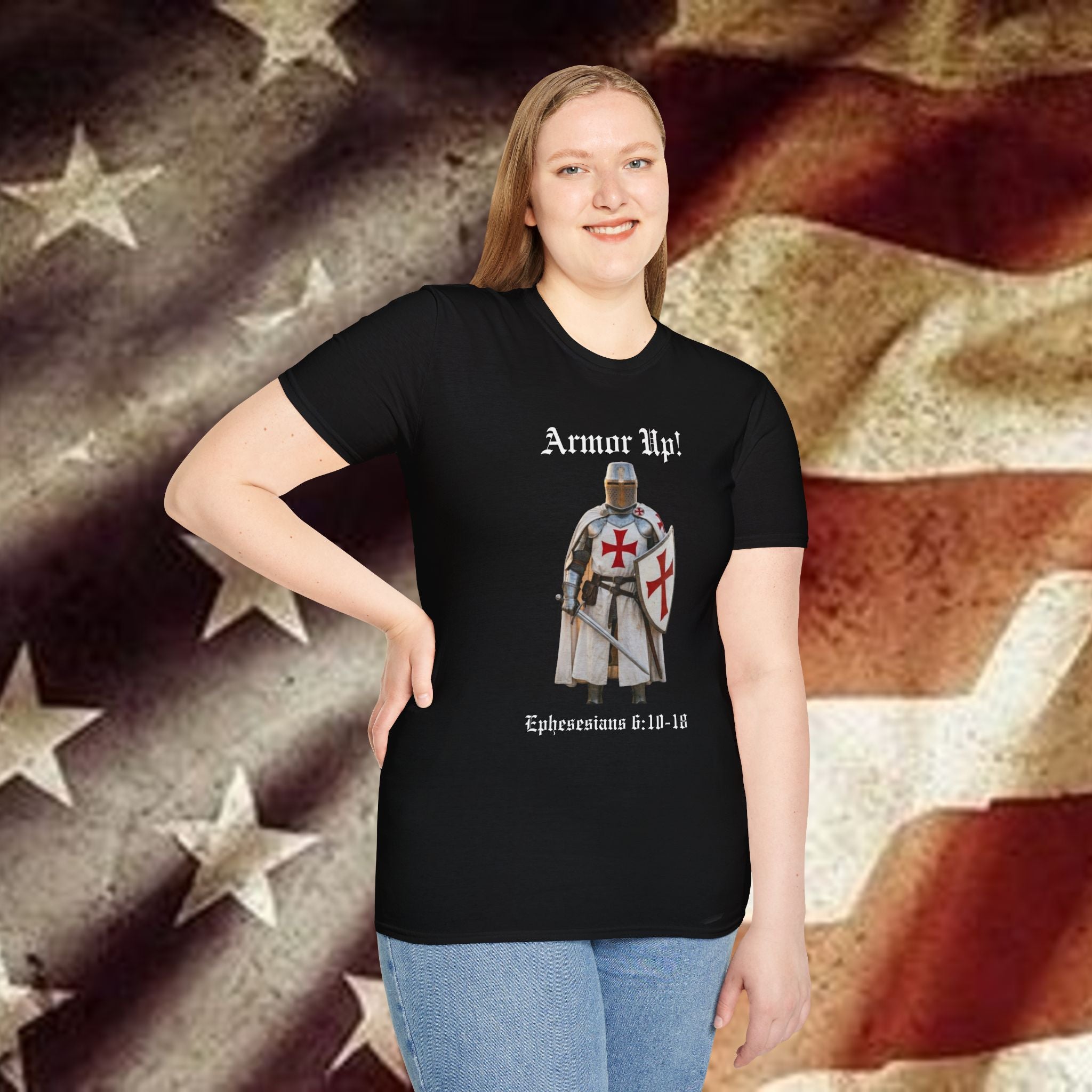 Armor Up! T-Shirt — Crusader Knight with ‘Ephesians 6:10-18’ Christian Faith Tee