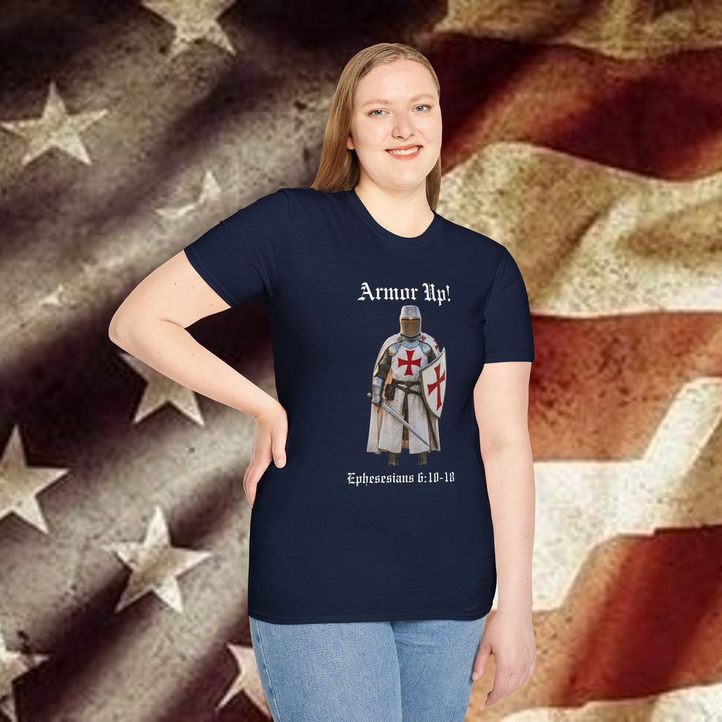 Armor Up! T-Shirt — Crusader Knight with ‘Ephesians 6:10-18’ Christian Faith Tee