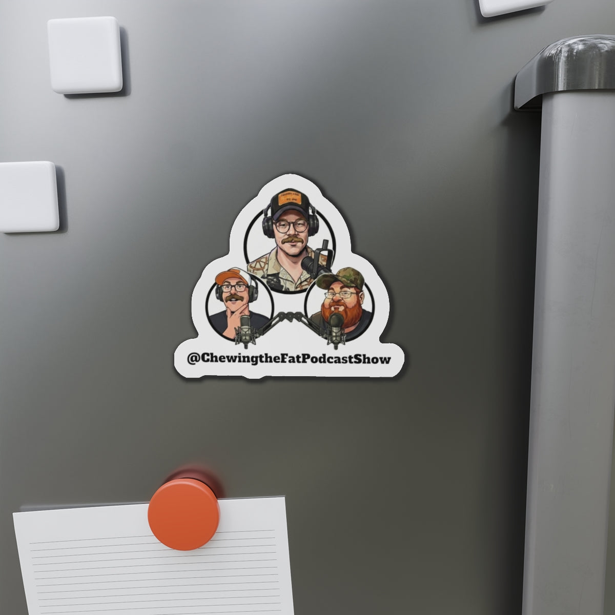 Chewing the Fat Podcast Die-Cut Magnet – Trio Host Logo Fridge Magnet